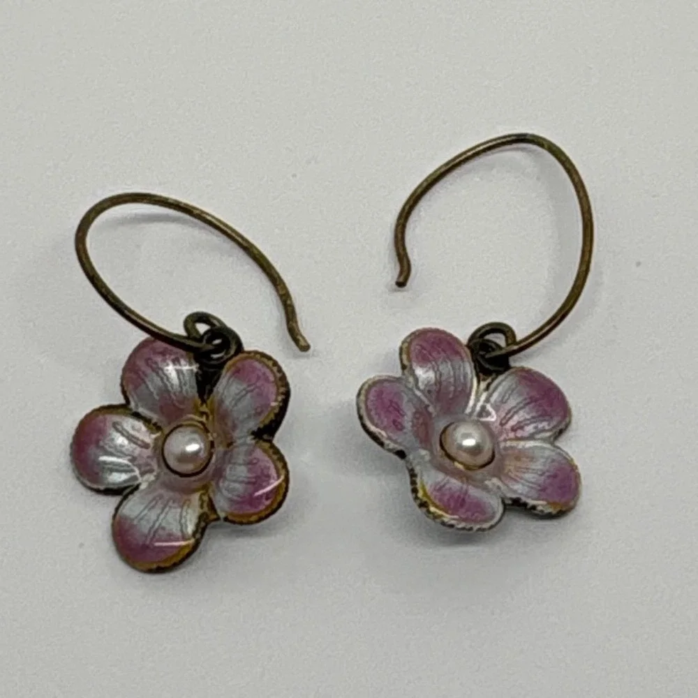Enamel Cloisonne Pansy Flower Dangle Earrings Pearl Center, Floral Drop Earrings